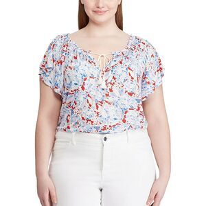 Chaps Short Sleeve Lace Up Top Multicolour Print Plus Size 2X
